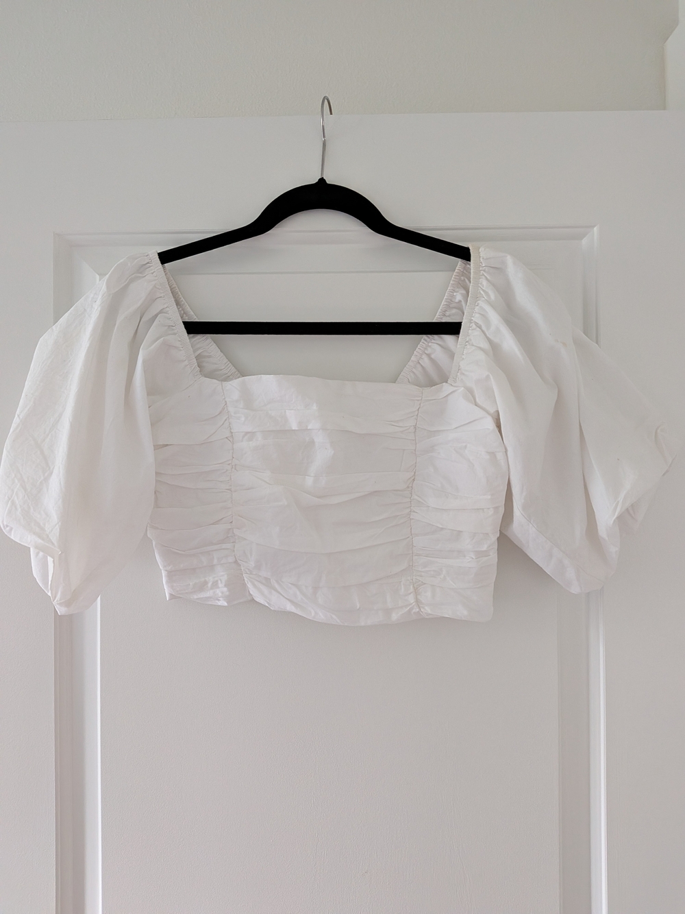 Urban Outfitters White Ruched Puff-Sleeve Cotton Crop Top